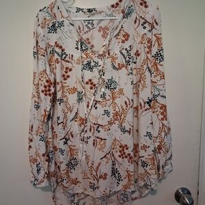 Elegant Floral Women's Blouse in White, Orange, and Green